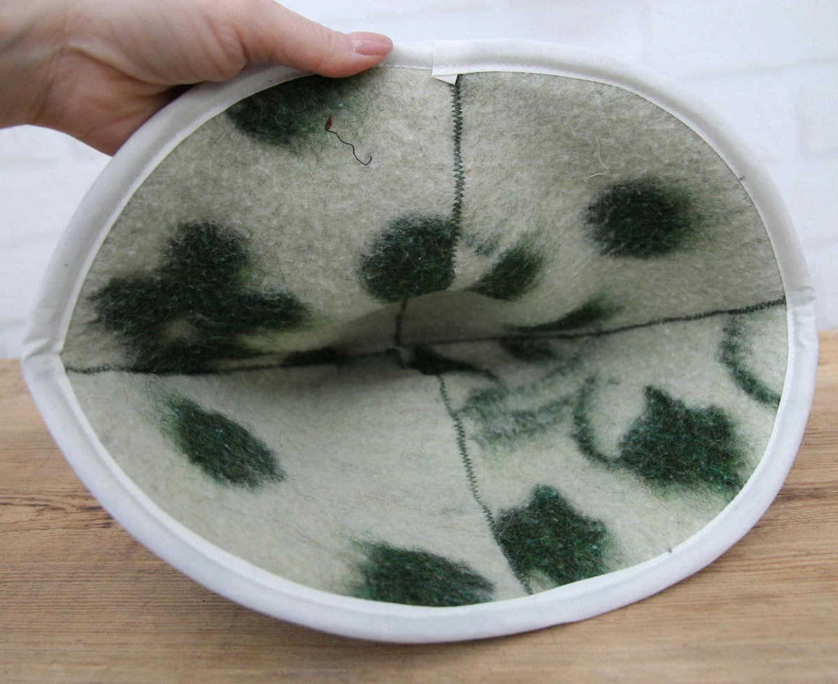 Upcycled Wool Sauna Hat – Green Floral Banya Cap, Eco-Friendly Accessory