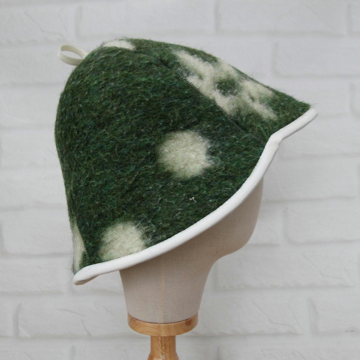 Upcycled Wool Sauna Hat – Green Floral Banya Cap, Eco-Friendly Accessory
