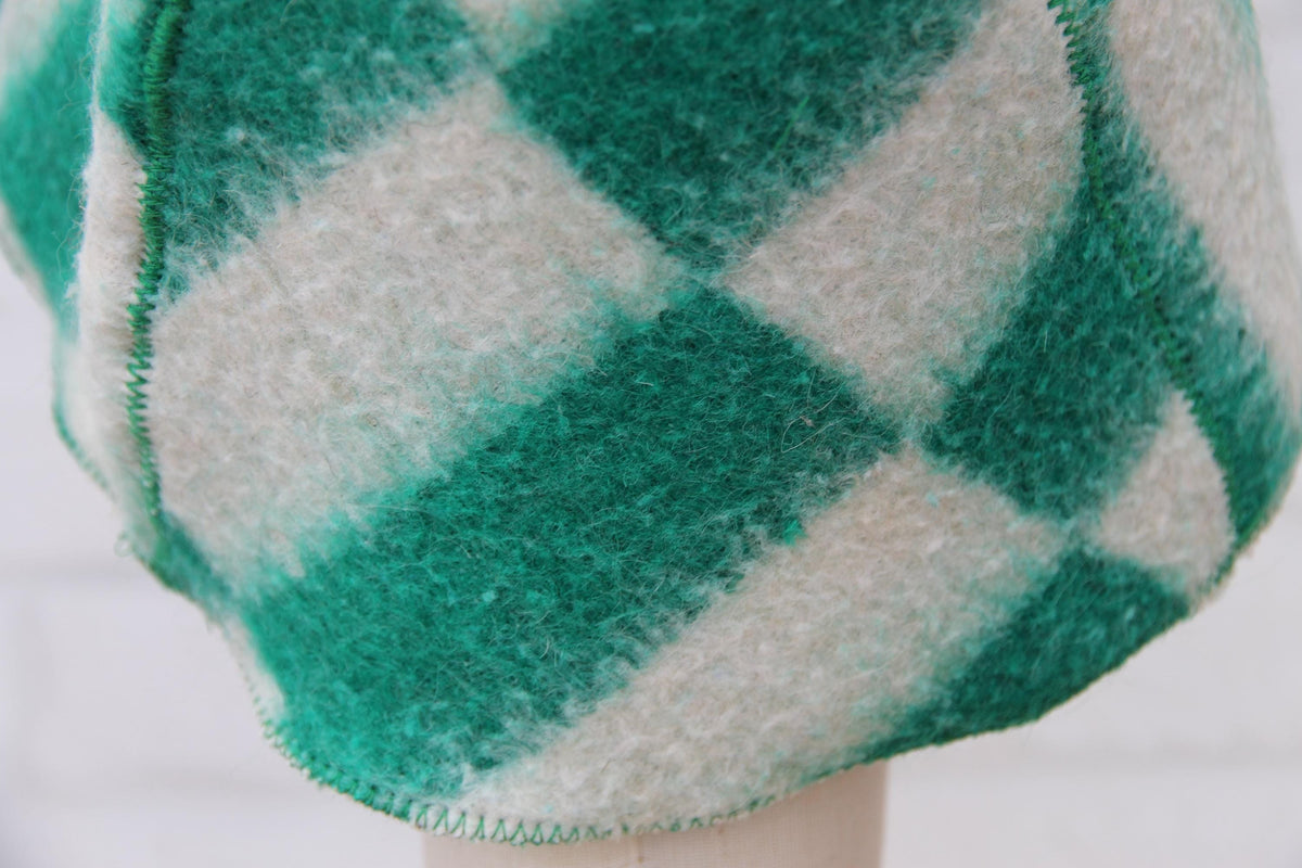 Wool Sauna Hat, Green White Checkered Felted Cap, Banya Spa Protection