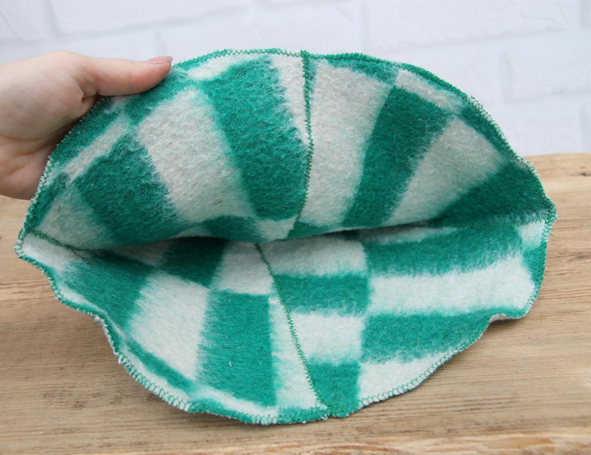 Wool Sauna Hat, Green White Checkered Felted Cap, Banya Spa Protection