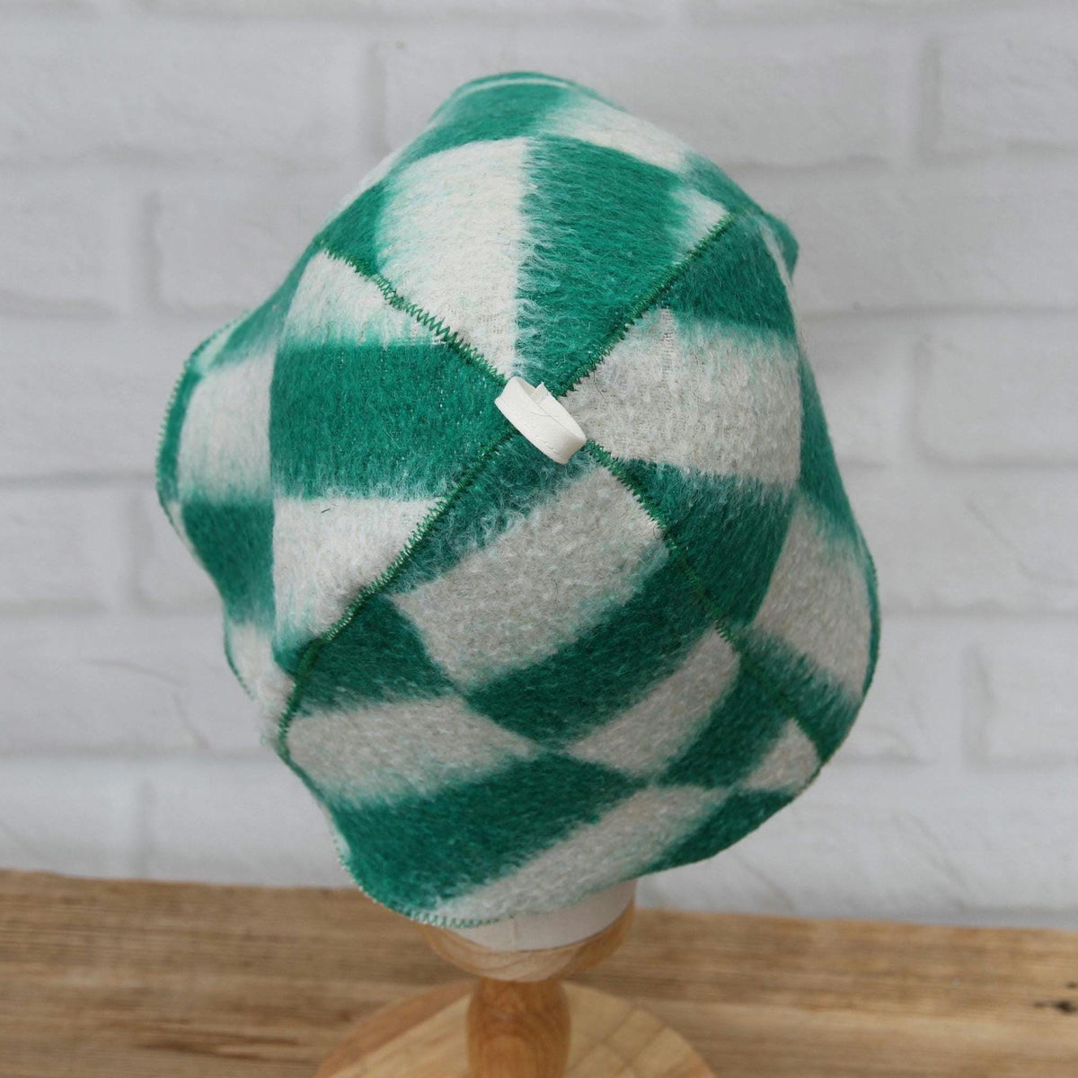 Wool Sauna Hat, Green White Checkered Felted Cap, Banya Spa Protection