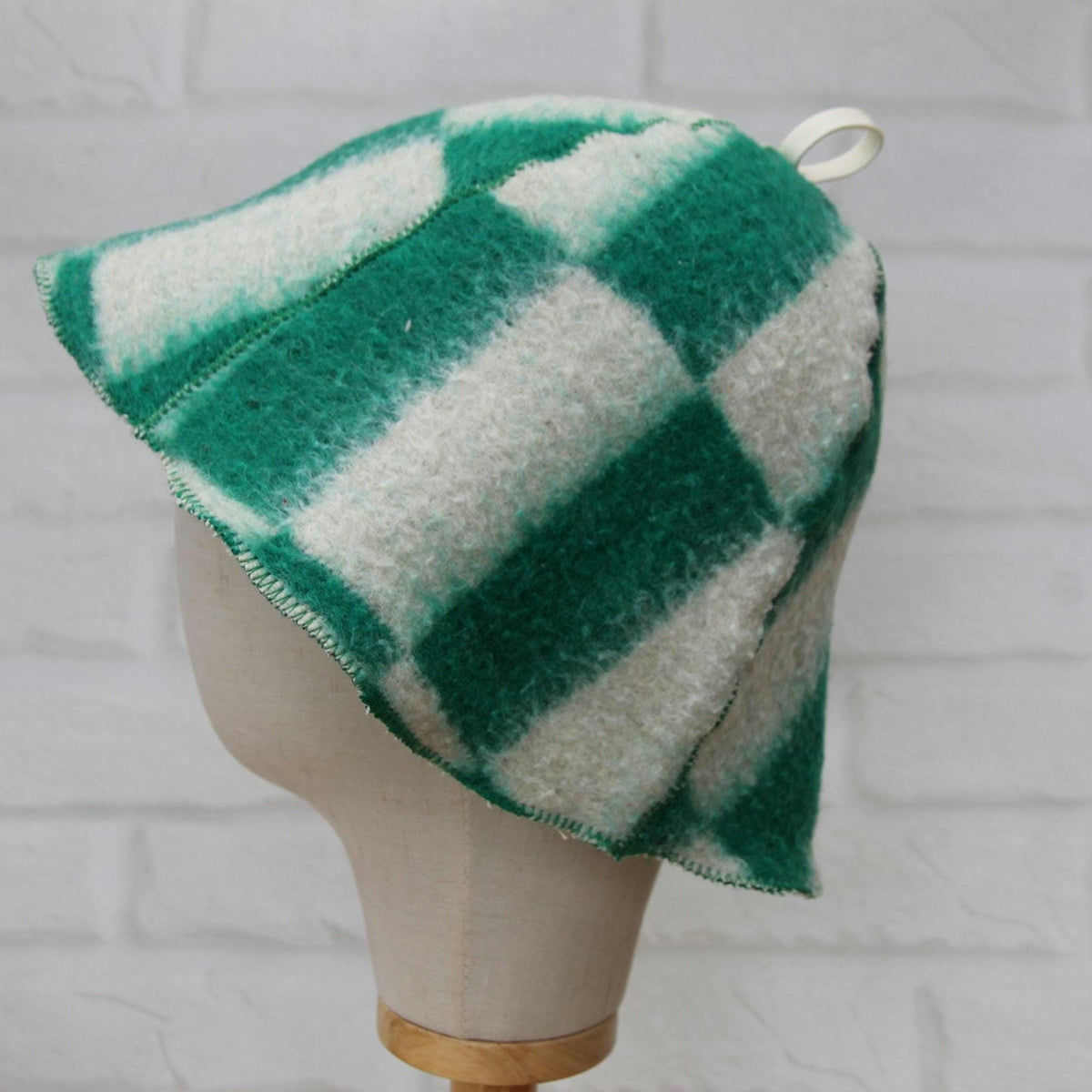 Wool Sauna Hat, Green White Checkered Felted Cap, Banya Spa Protection