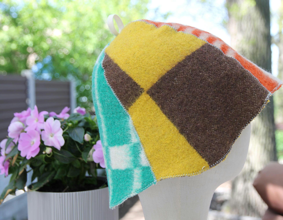 Upcycled Wool Patchwork Sauna Hat, Vintage Banya Cap, Head Protection (13.4 x 8)