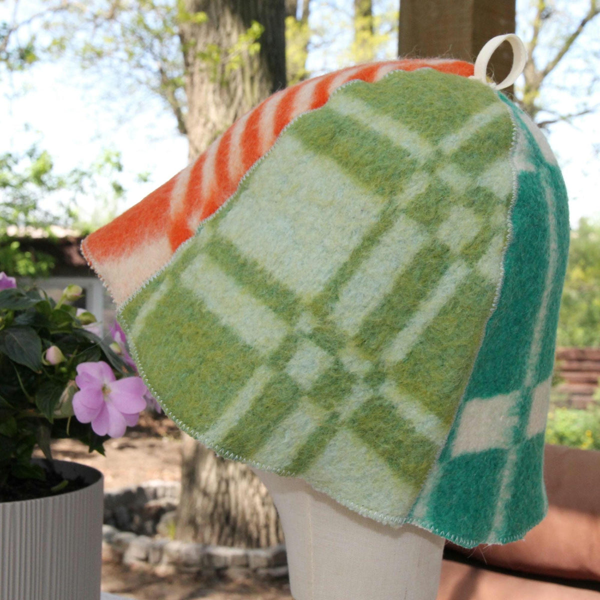 Upcycled Wool Patchwork Sauna Hat, Vintage Banya Cap, Head Protection (13.4 x 8)