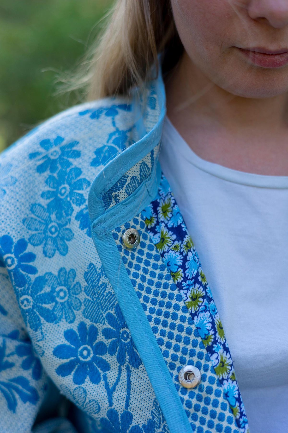 Upcycled Vintage Coverlet Jacket, Blue Floral Patchwork, Boho Bomber Style Coat size M L