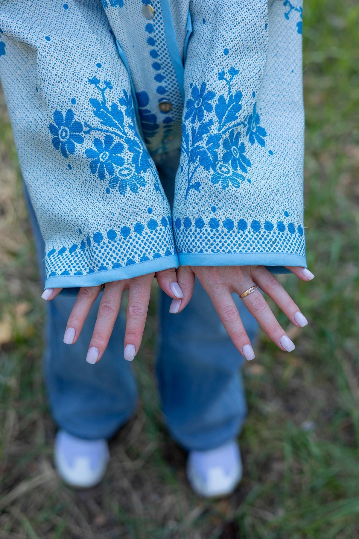 Upcycled Vintage Coverlet Jacket, Blue Floral Patchwork, Boho Bomber Style Coat size M L