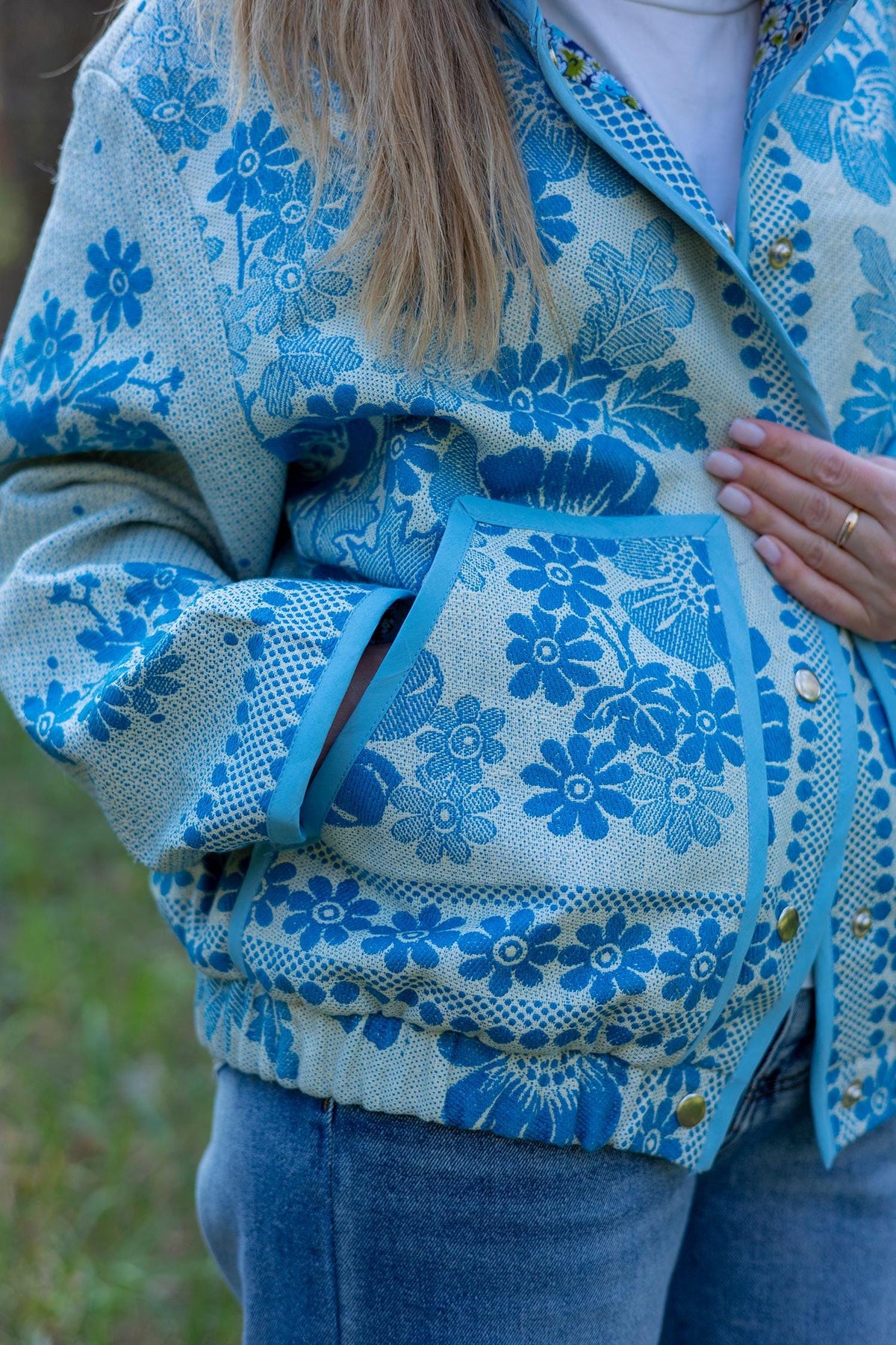 Upcycled Vintage Coverlet Jacket, Blue Floral Patchwork, Boho Bomber Style Coat size M L
