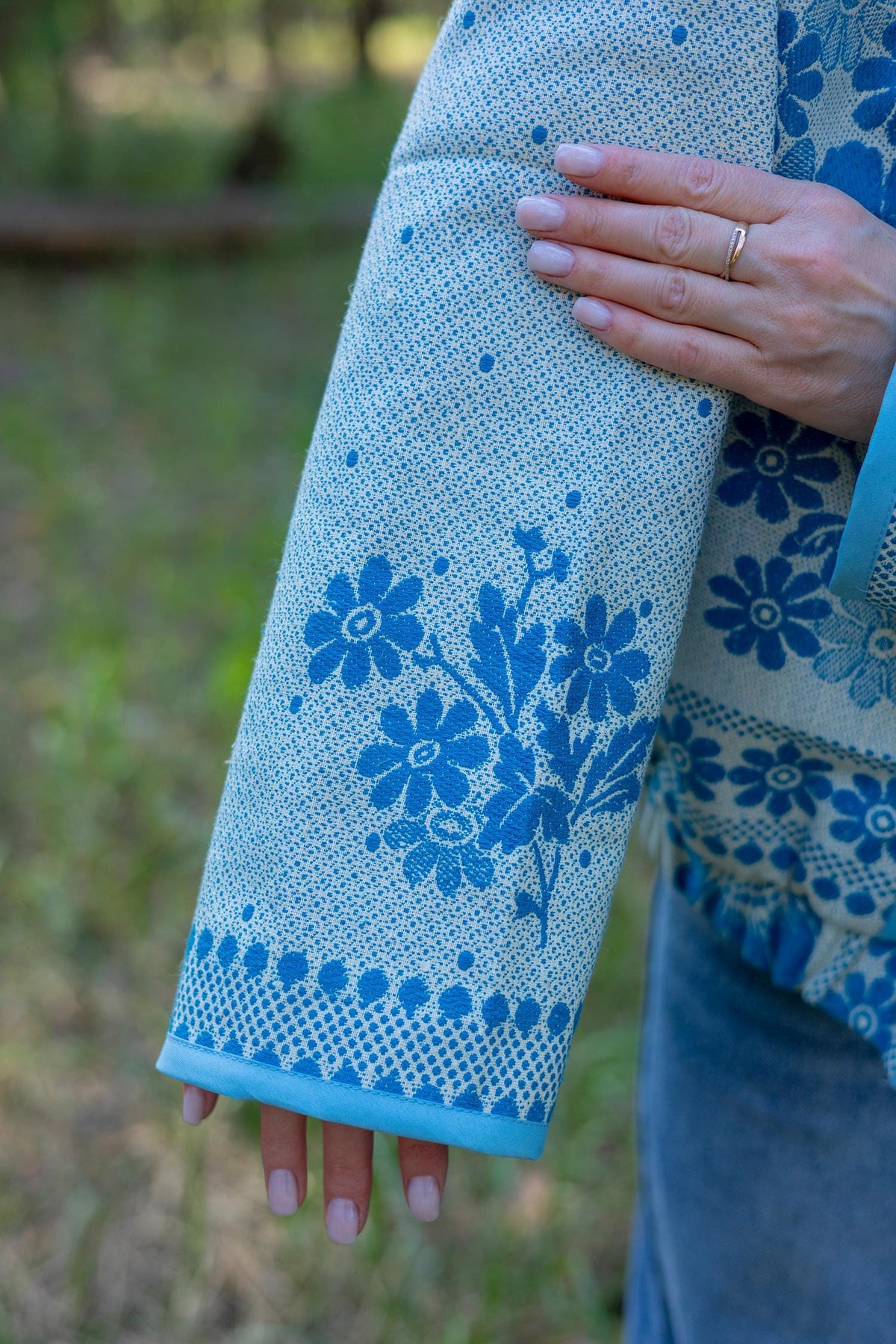 Upcycled Vintage Coverlet Jacket, Blue Floral Patchwork, Boho Bomber Style Coat size M L