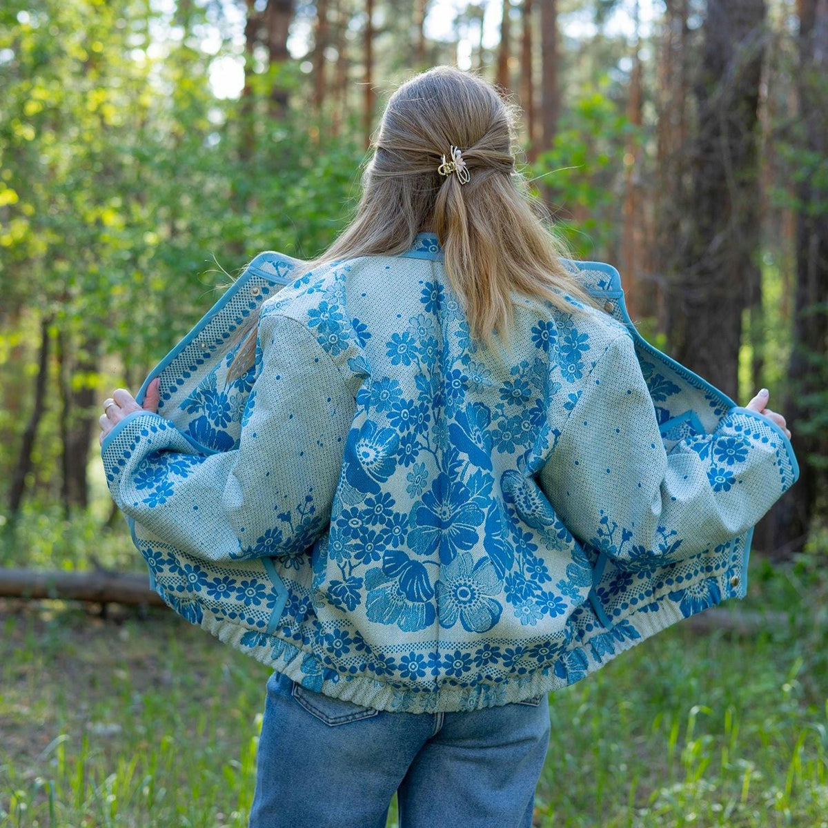 Upcycled Vintage Coverlet Jacket, Blue Floral Patchwork, Boho Bomber Style Coat size M L