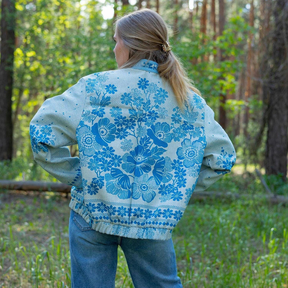 Upcycled Vintage Coverlet Jacket, Blue Floral Patchwork, Boho Bomber Style Coat size M L