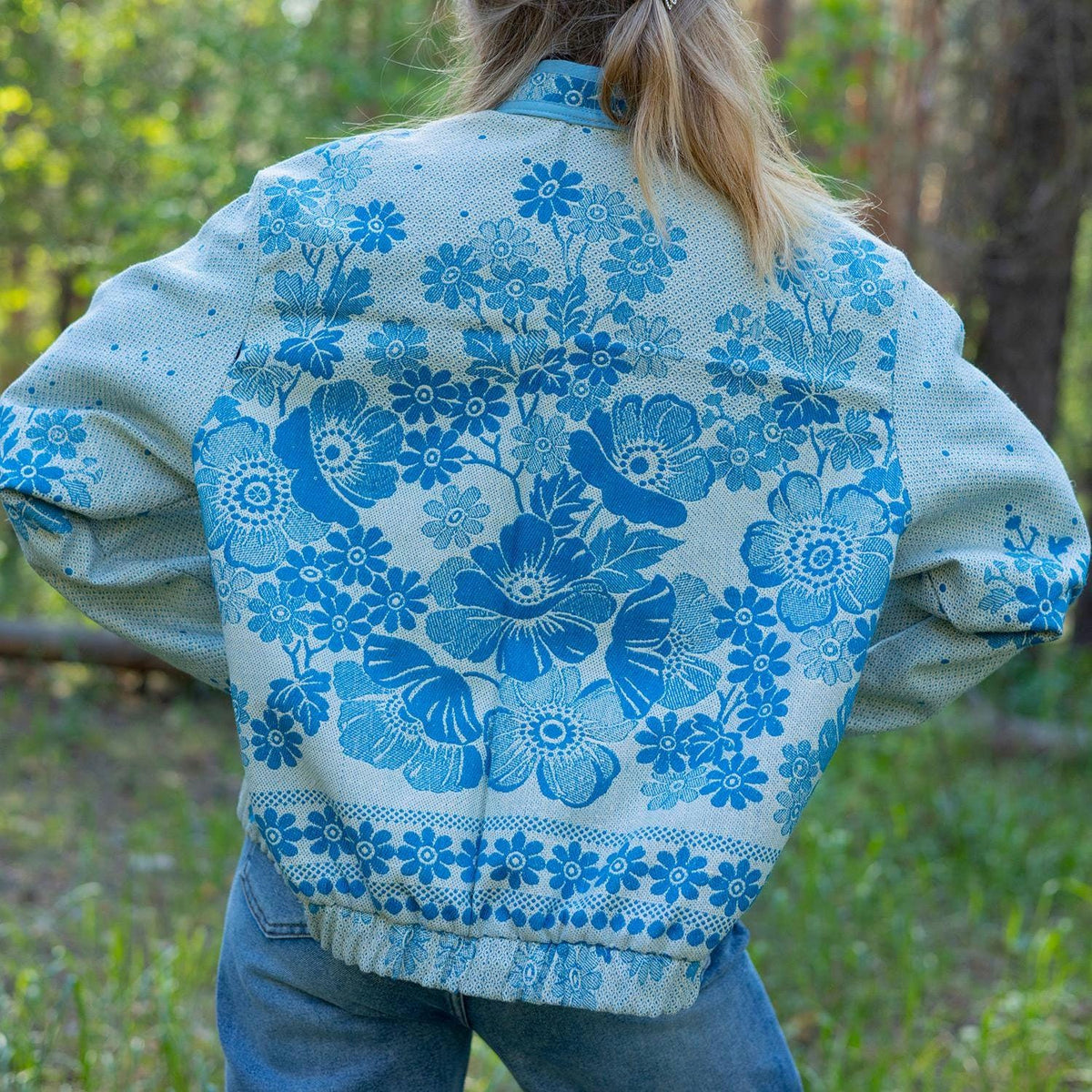 Upcycled Vintage Coverlet Jacket, Blue Floral Patchwork, Boho Bomber Style Coat size M L