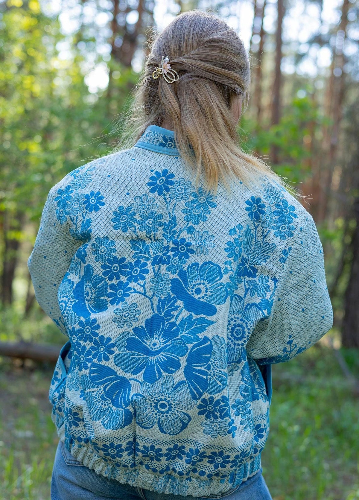 Upcycled Vintage Coverlet Jacket, Blue Floral Patchwork, Boho Bomber Style Coat size M L