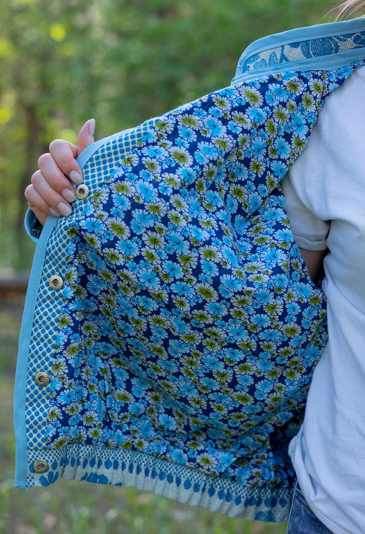 Upcycled Vintage Coverlet Jacket, Blue Floral Patchwork, Boho Bomber Style Coat size M L