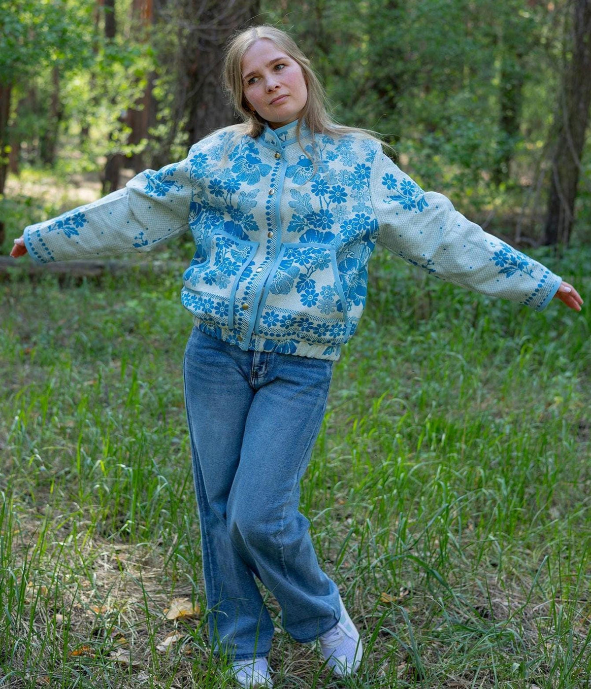 Upcycled Vintage Coverlet Jacket, Blue Floral Patchwork, Boho Bomber Style Coat size M L