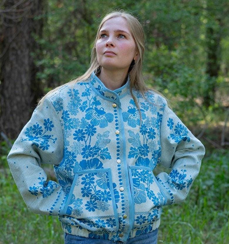 Upcycled Vintage Coverlet Jacket, Blue Floral Patchwork, Boho Bomber Style Coat size M L