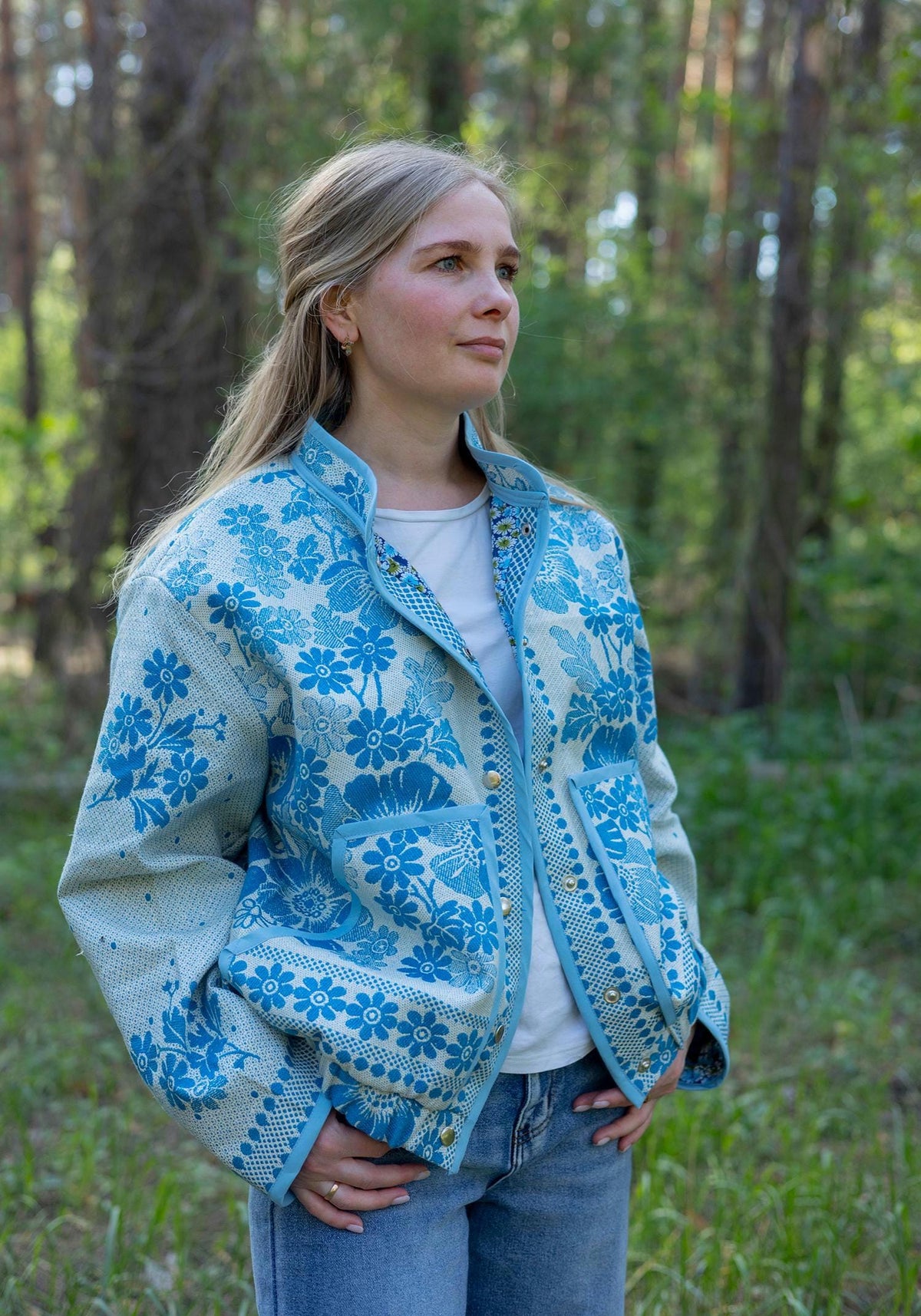Upcycled Vintage Coverlet Jacket, Blue Floral Patchwork, Boho Bomber Style Coat size M L