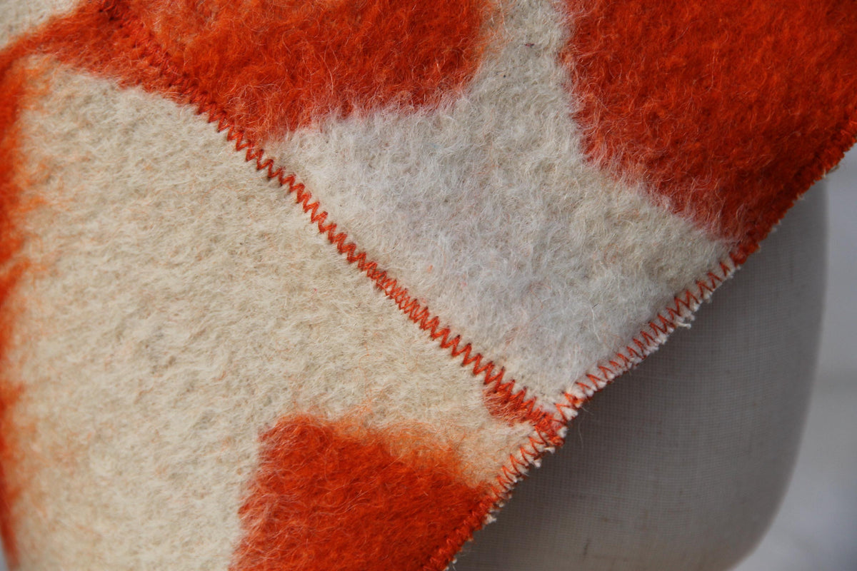 Upcycled Wool Sauna Hat, Orange Geometric Banya Cap, Vintage Blanket Thermal Protection