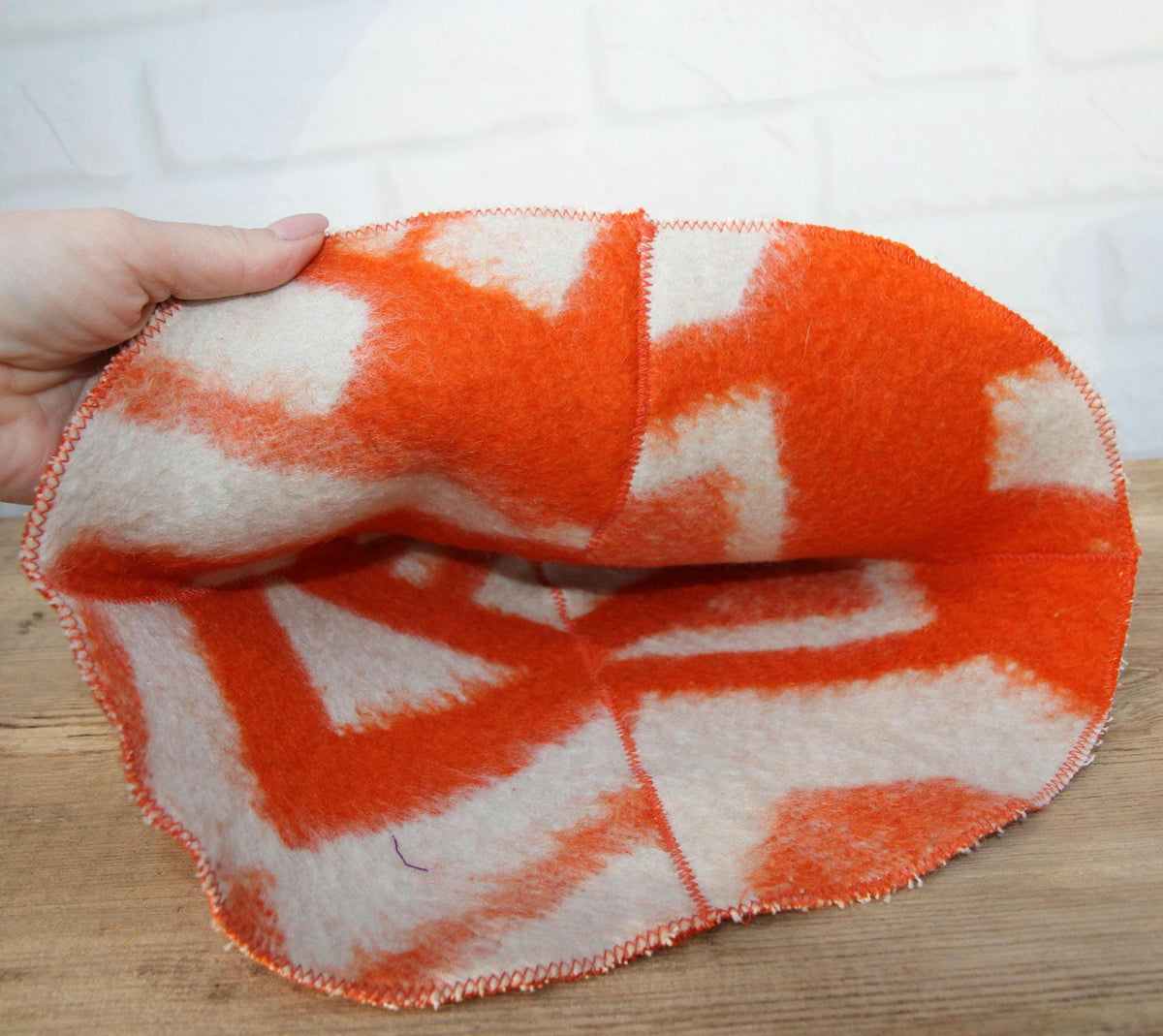 Upcycled Wool Sauna Hat, Orange Geometric Banya Cap, Vintage Blanket Thermal Protection