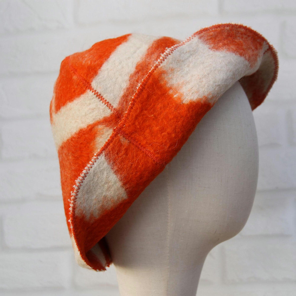 Upcycled Wool Sauna Hat, Orange Geometric Banya Cap, Vintage Blanket Thermal Protection