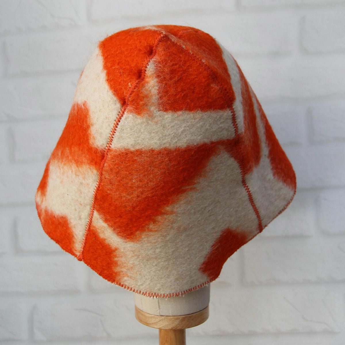 Upcycled Wool Sauna Hat, Orange Geometric Banya Cap, Vintage Blanket Thermal Protection