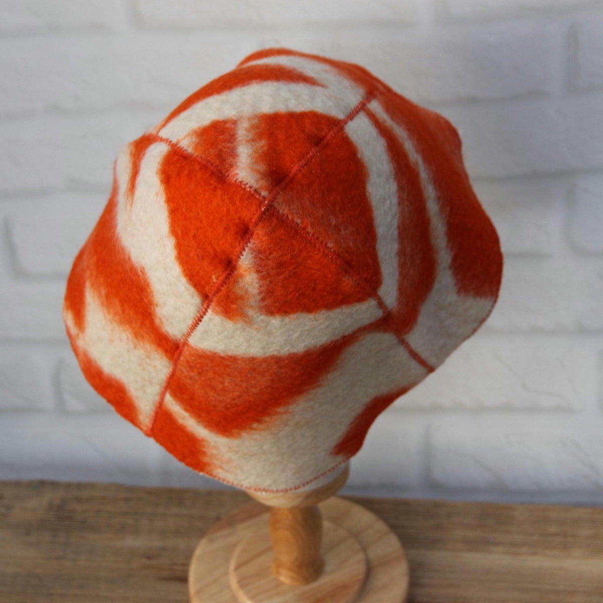 Upcycled Wool Sauna Hat, Orange Geometric Banya Cap, Vintage Blanket Thermal Protection