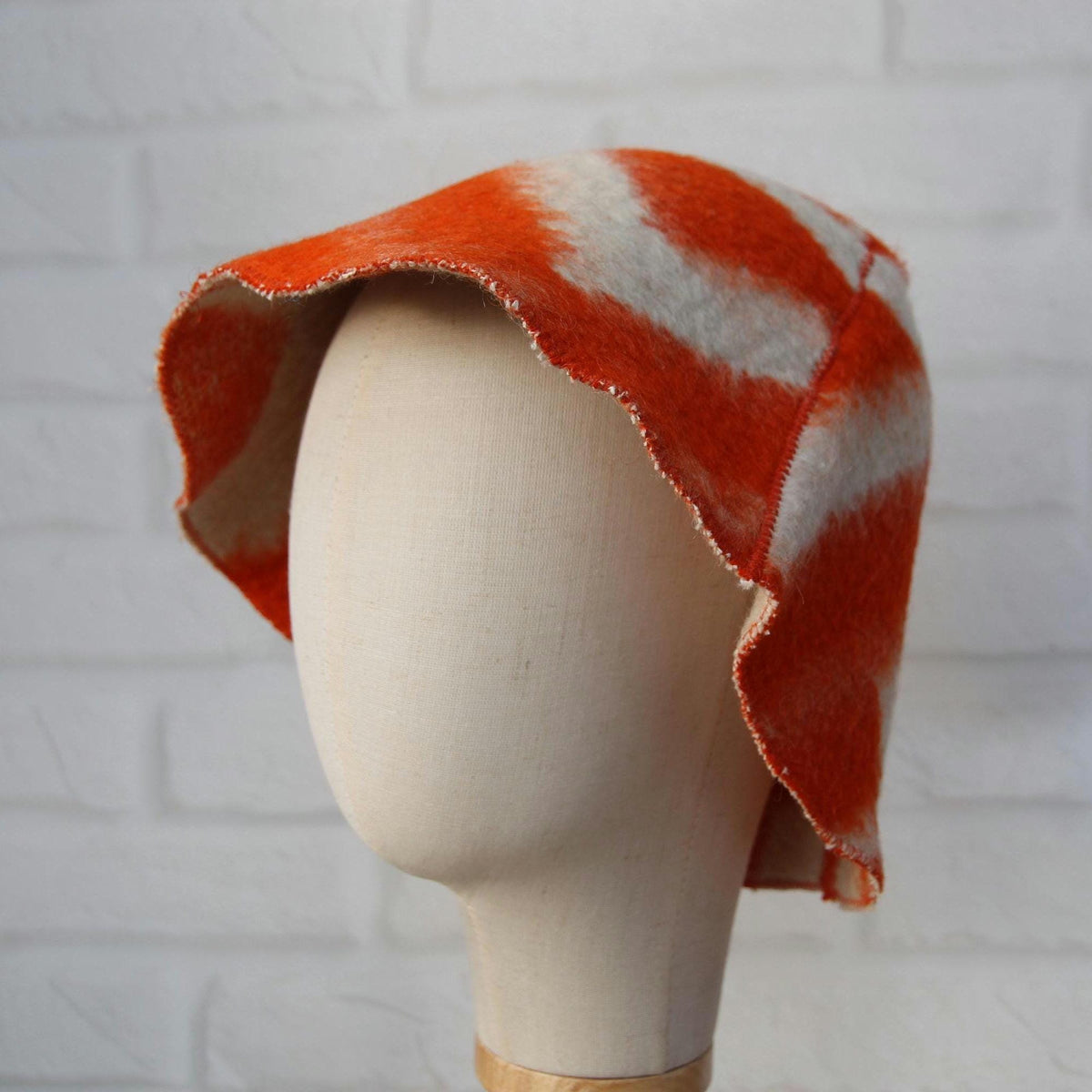 Upcycled Wool Sauna Hat, Orange Geometric Banya Cap, Vintage Blanket Thermal Protection