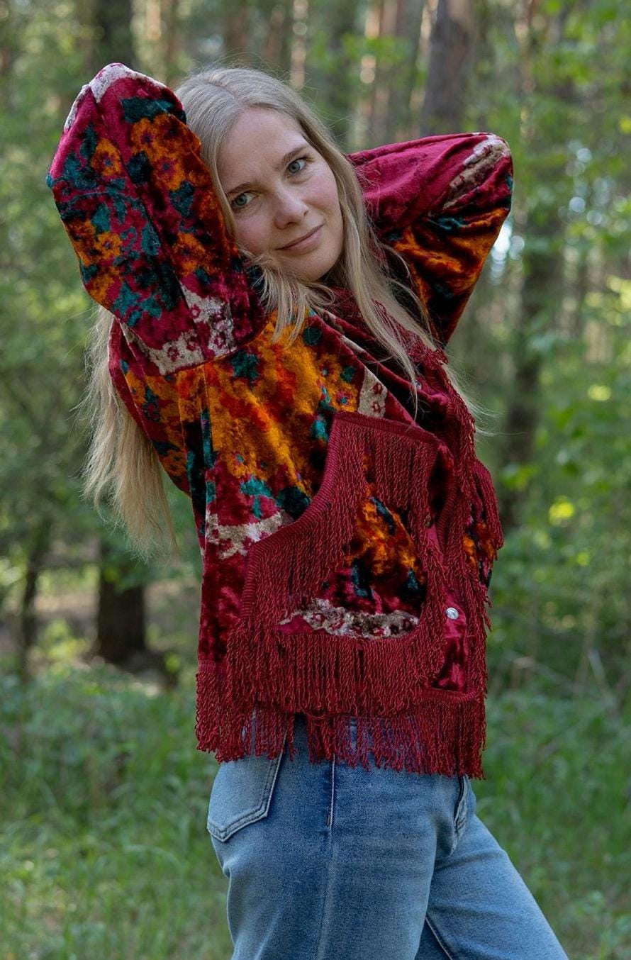 Upcycled Vintage Blanket Jacket • Colorful Boho Fringe Coat (M L)