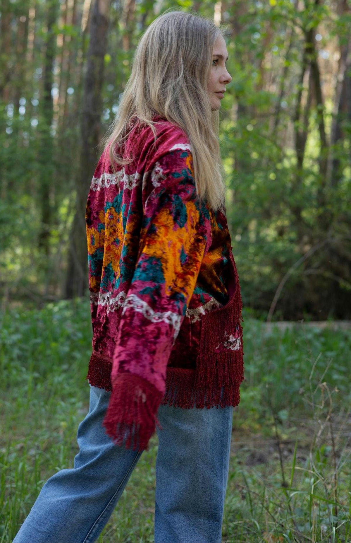 Upcycled Vintage Blanket Jacket • Colorful Boho Fringe Coat (M L)