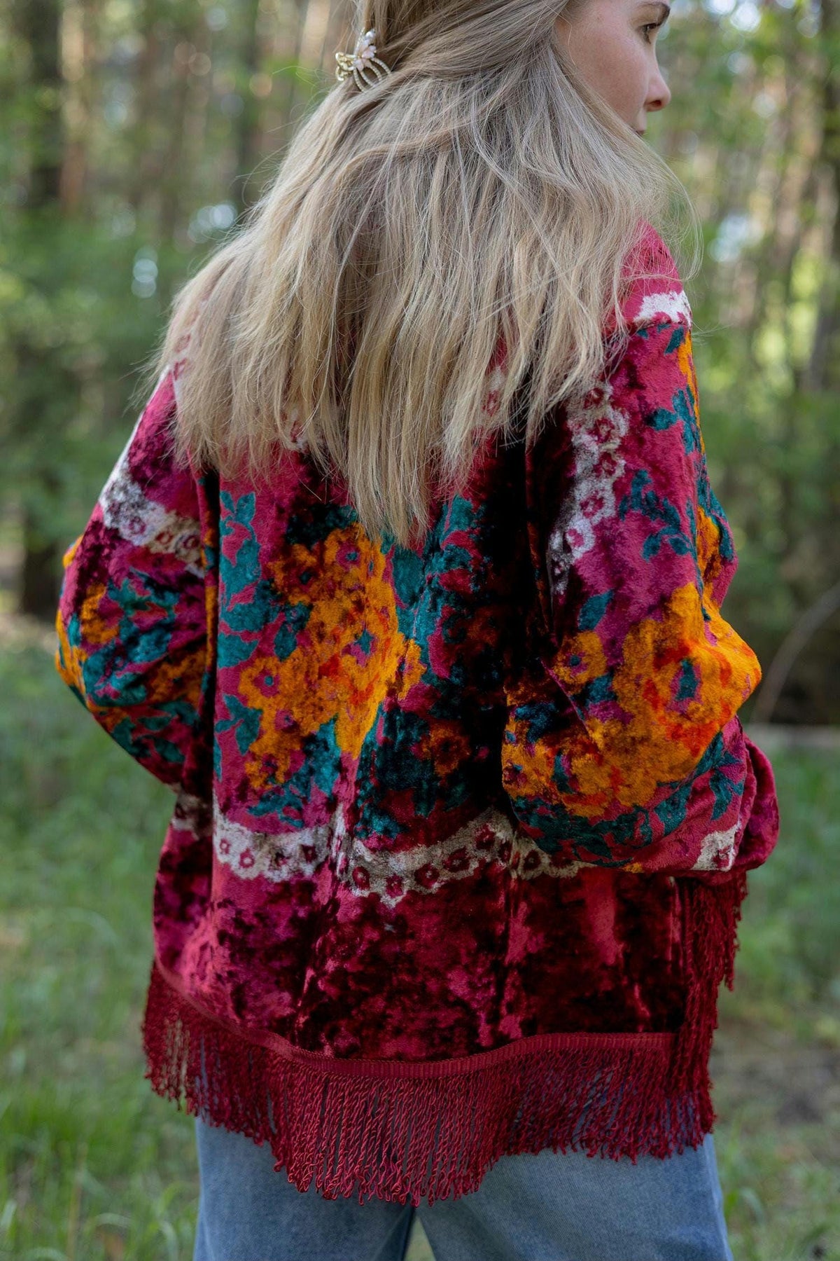 Upcycled Vintage Blanket Jacket • Colorful Boho Fringe Coat (M L)