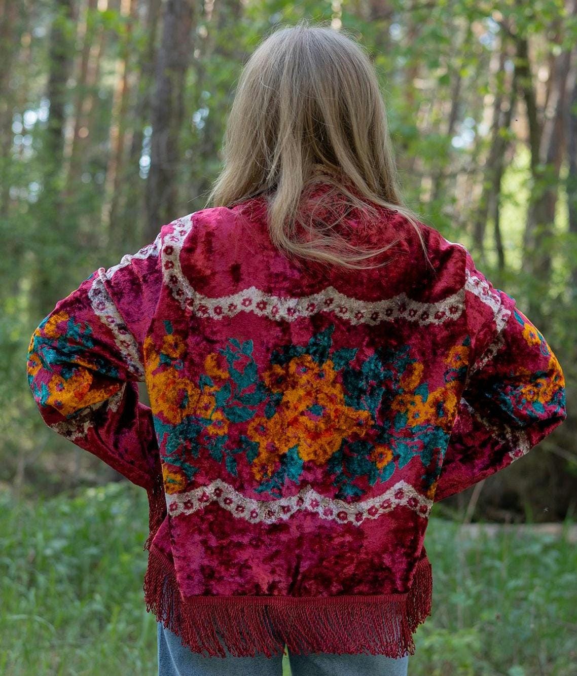 Upcycled Vintage Blanket Jacket • Colorful Boho Fringe Coat (M L)