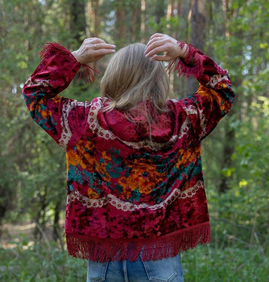 Upcycled Vintage Blanket Jacket • Colorful Boho Fringe Coat (M L)