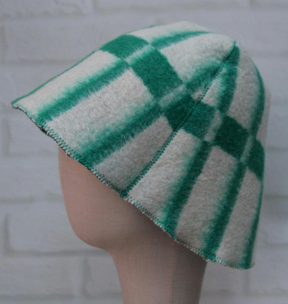 Reversible Wool Sauna Hat, Green Plaid Felt Spa Headwear, Eco-Friendly Reclaimed Wool