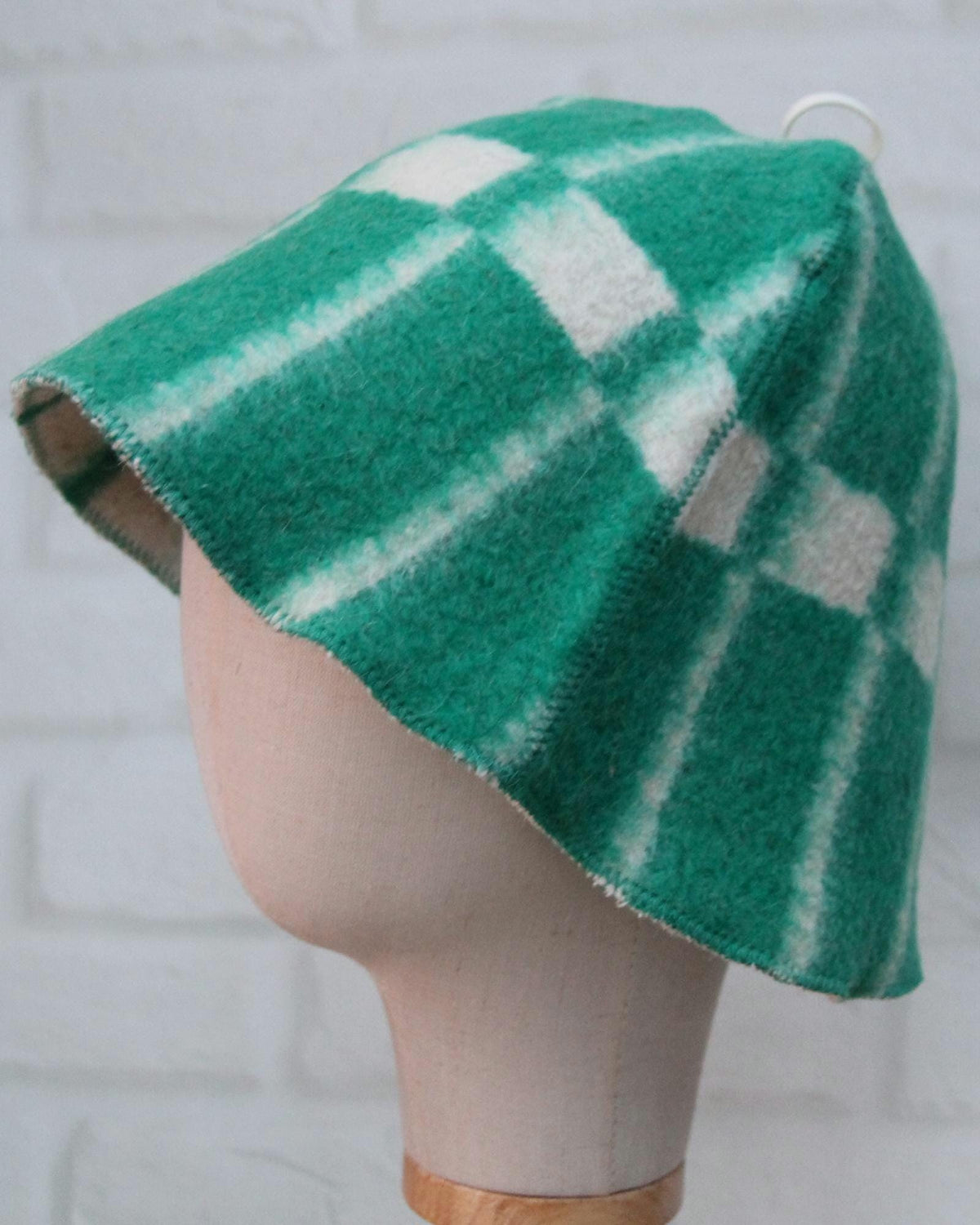 Reversible Wool Sauna Hat, Green Plaid Felt Spa Headwear, Eco-Friendly Reclaimed Wool