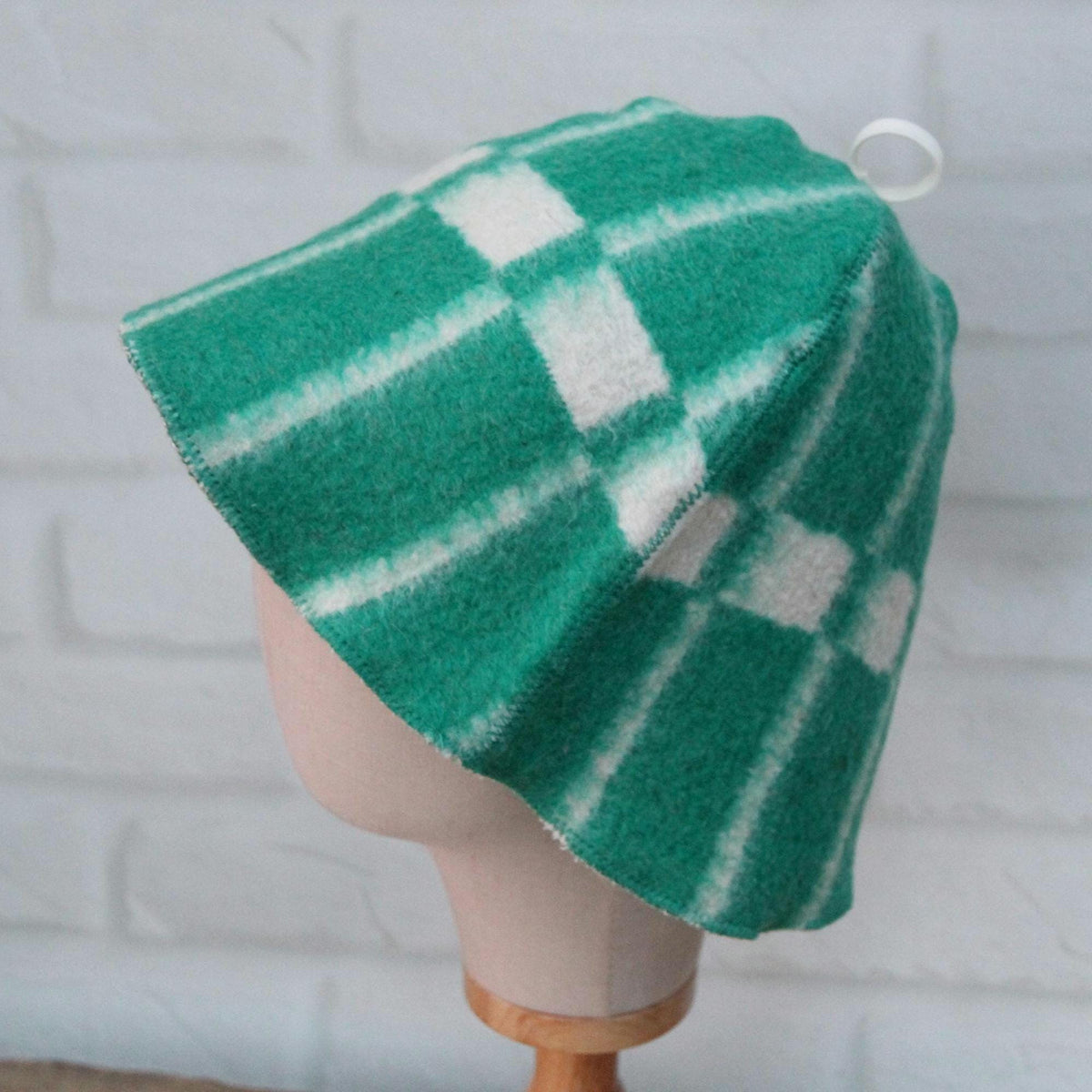 Reversible Wool Sauna Hat, Green Plaid Felt Spa Headwear, Eco-Friendly Reclaimed Wool