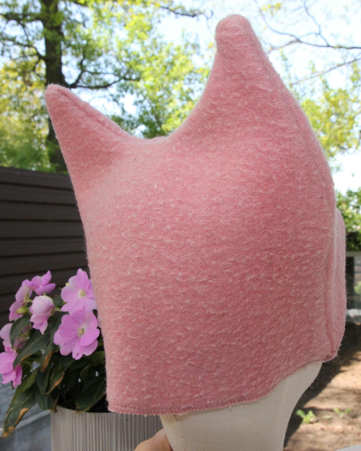 Pink Wool Cat Ears Sauna Hat, Banya Steam Room Protection Cap