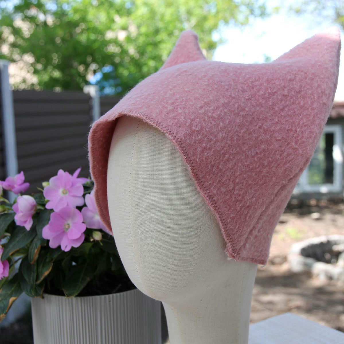 Pink Wool Cat Ears Sauna Hat, Banya Steam Room Protection Cap