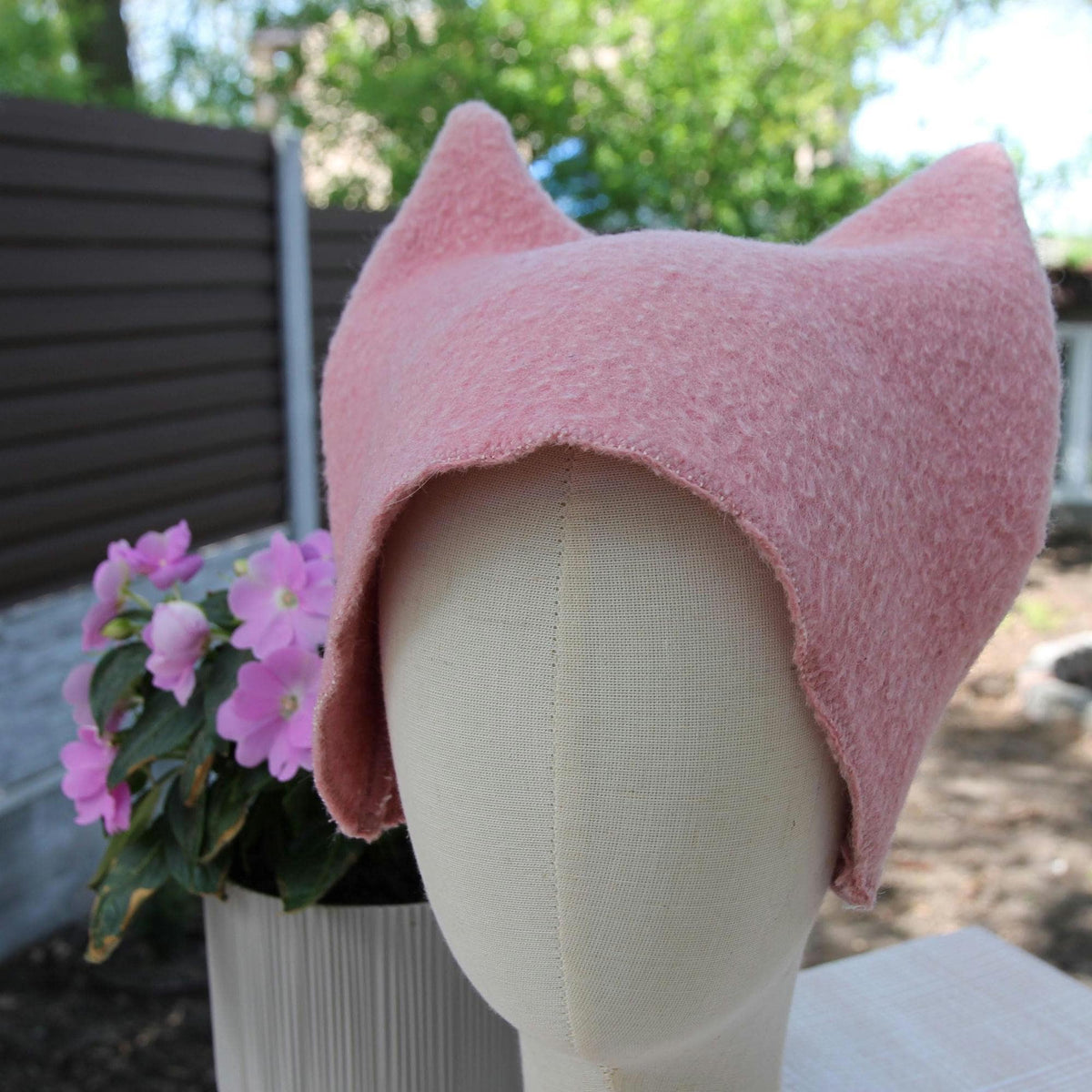 Pink Wool Cat Ears Sauna Hat, Banya Steam Room Protection Cap