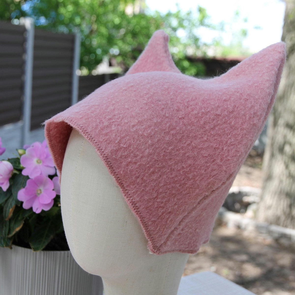Pink Wool Cat Ears Sauna Hat, Banya Steam Room Protection Cap