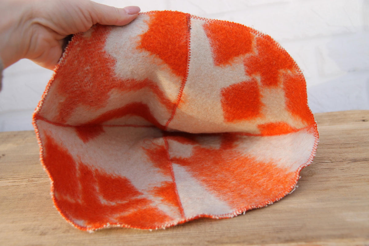 Reversible Upcycled Wool Sauna Hat, Orange Geometric Banya Cap, Eco-Friendly Felted Bucket Hat