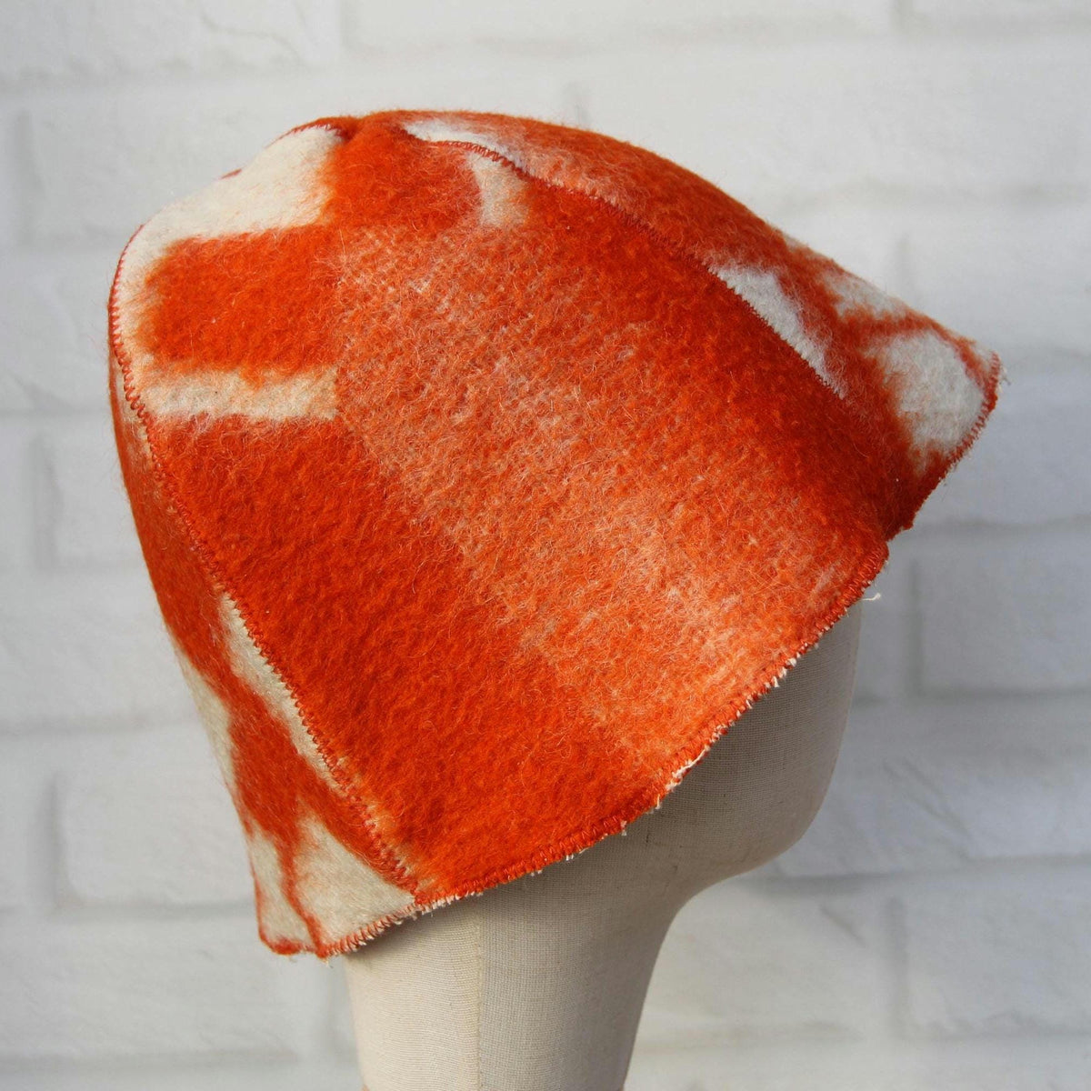 Reversible Upcycled Wool Sauna Hat, Orange Geometric Banya Cap, Eco-Friendly Felted Bucket Hat