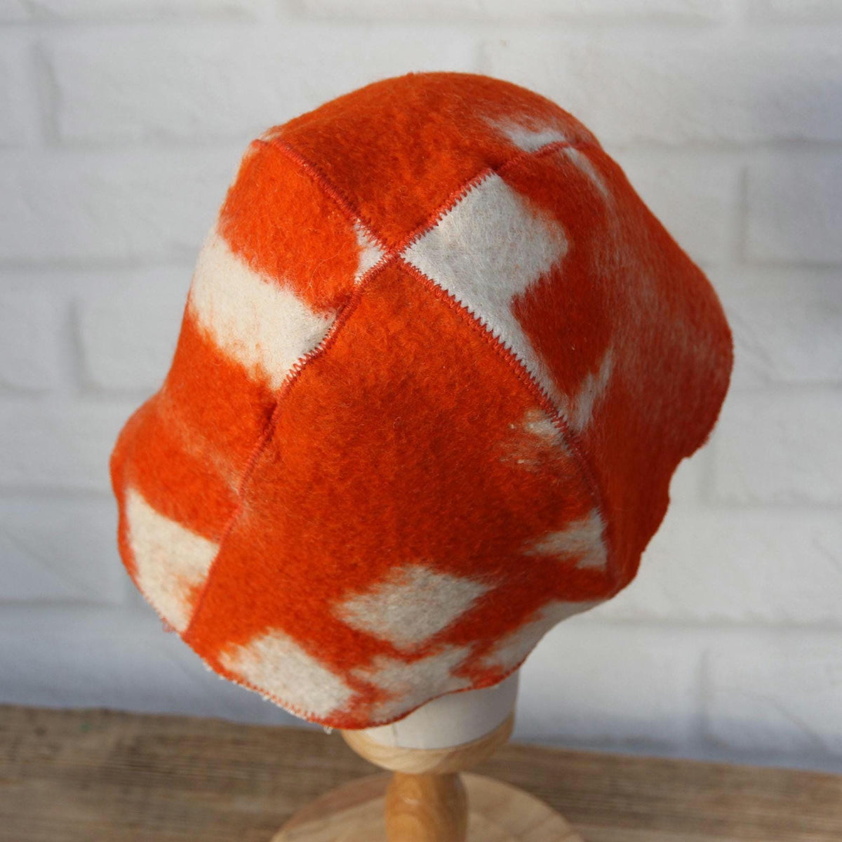 Reversible Upcycled Wool Sauna Hat, Orange Geometric Banya Cap, Eco-Friendly Felted Bucket Hat