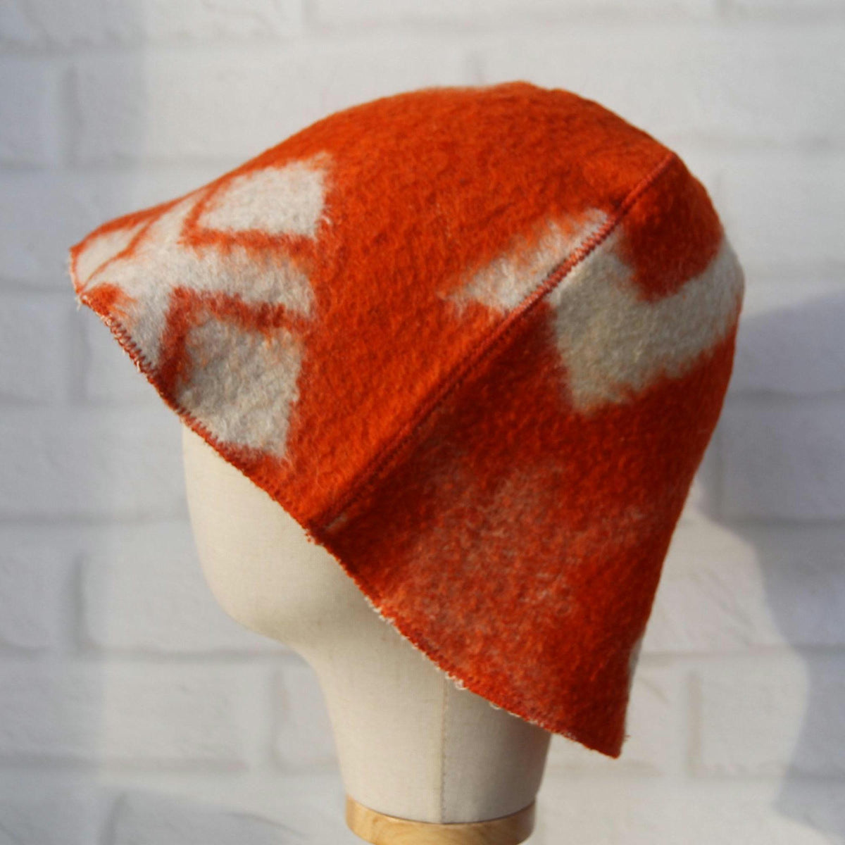 Reversible Upcycled Wool Sauna Hat, Orange Geometric Banya Cap, Eco-Friendly Felted Bucket Hat