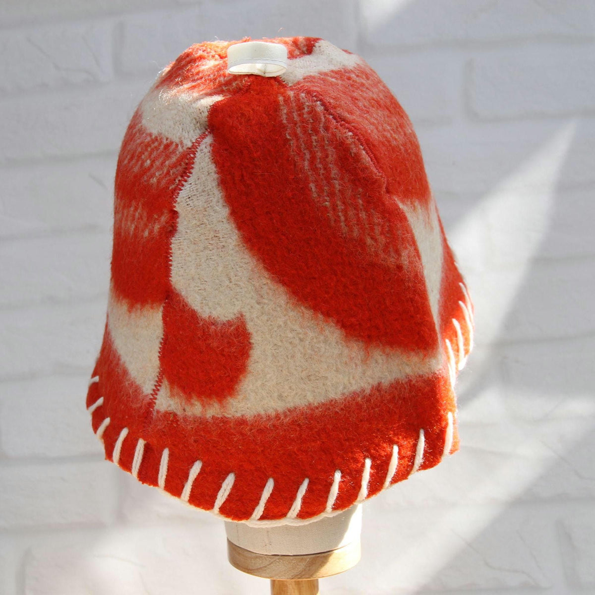 Upcycled Wool Sauna Hat, Orange Cream Geometric Banya Cap, Eco Friendly Spa Hat