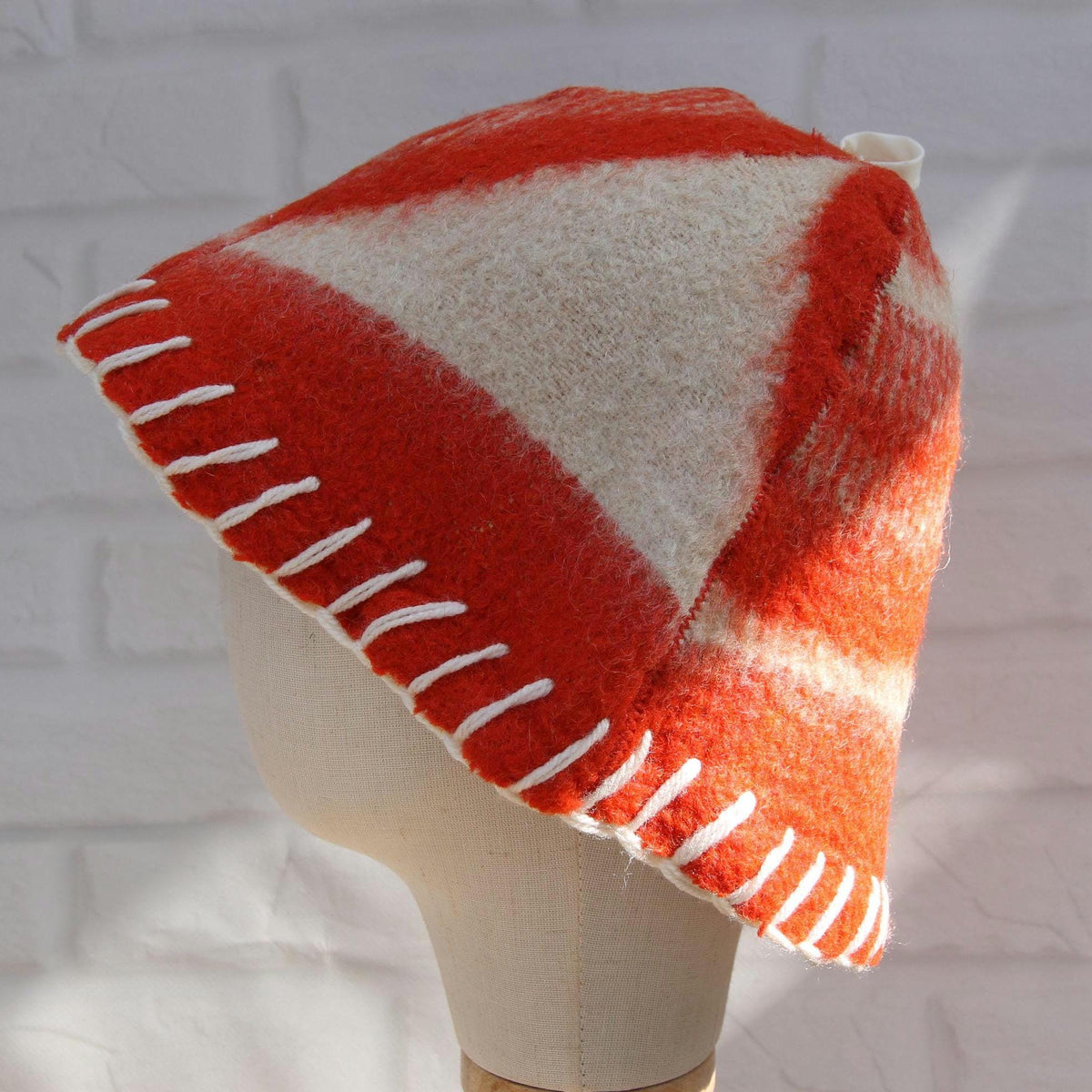 Upcycled Wool Sauna Hat, Orange Cream Geometric Banya Cap, Eco Friendly Spa Hat