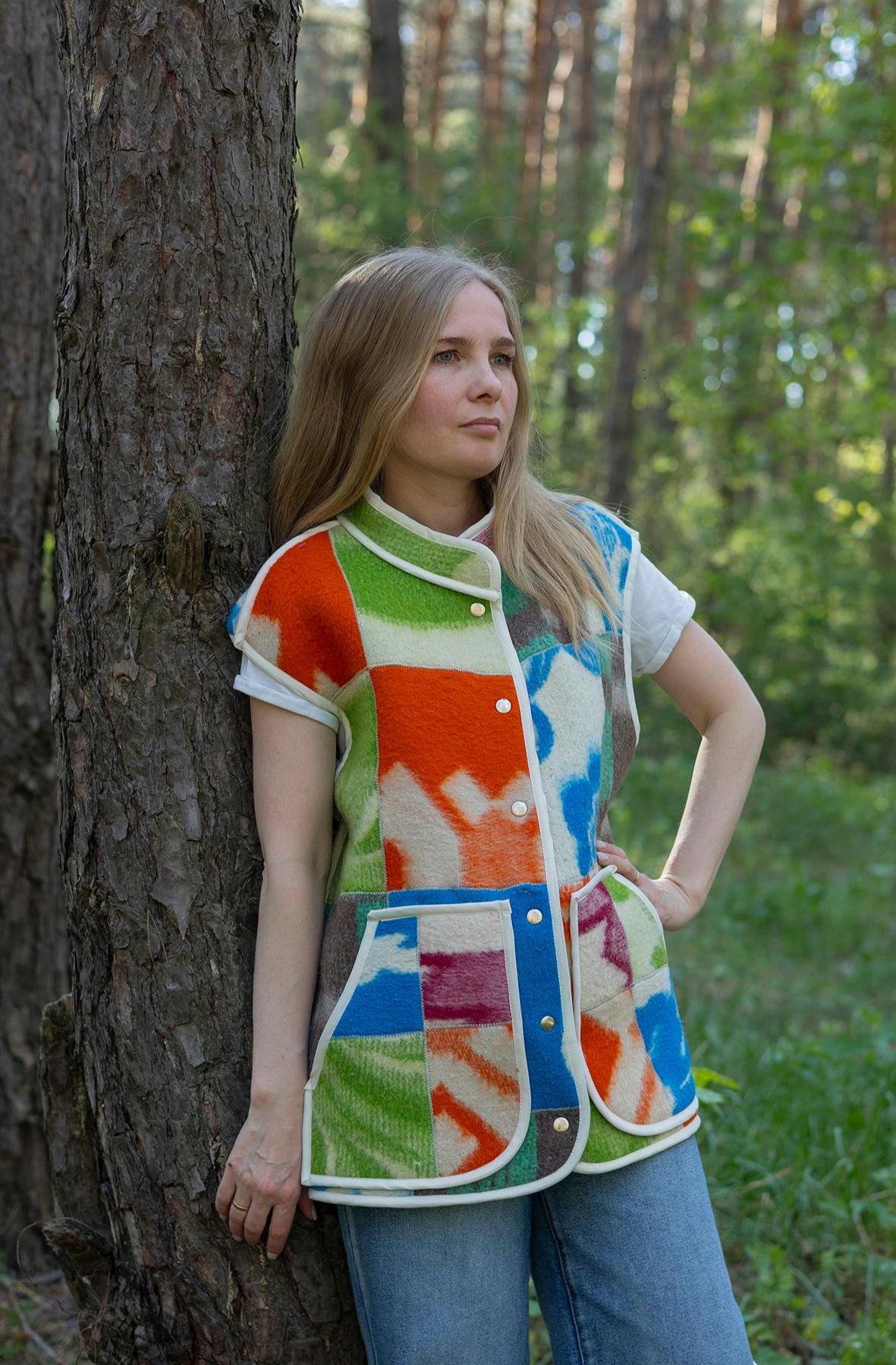 Upcycled Wool Blanket Patchwork Vest, Oversized Quilted Waistcoat with Pockets
