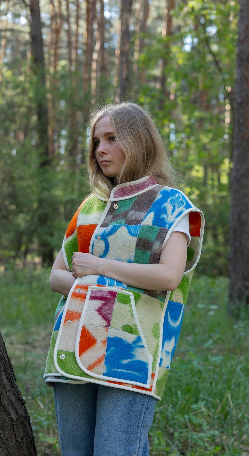 Upcycled Wool Blanket Patchwork Vest, Oversized Quilted Waistcoat with Pockets