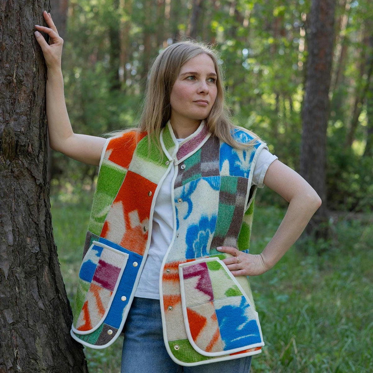 Upcycled Wool Blanket Patchwork Vest, Oversized Quilted Waistcoat with Pockets
