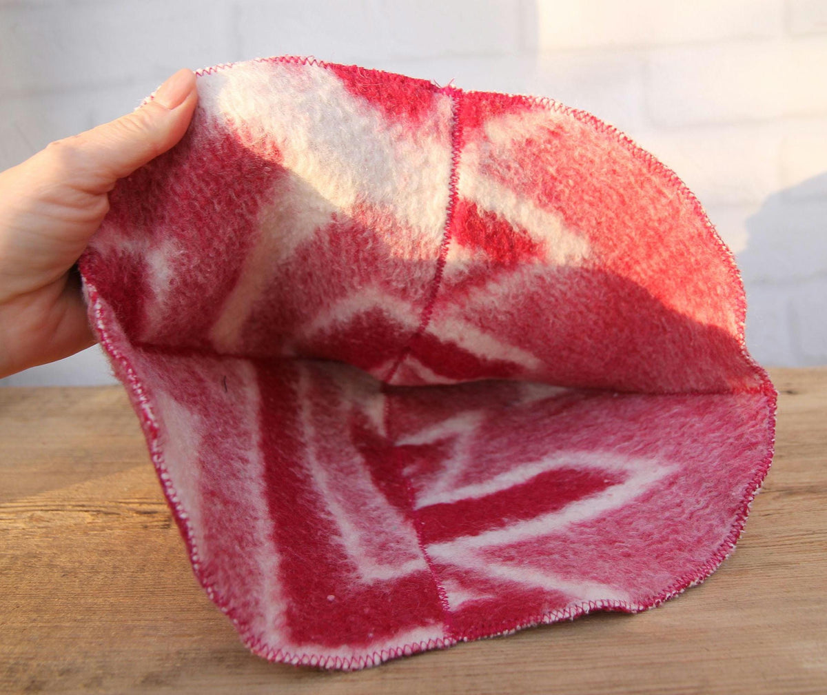 Handcrafted Wool Sauna Hat - Reclaimed Blanket Felt - Red & White Geometric Pattern
