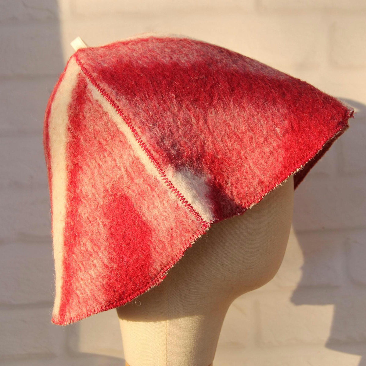 Handcrafted Wool Sauna Hat - Reclaimed Blanket Felt - Red & White Geometric Pattern