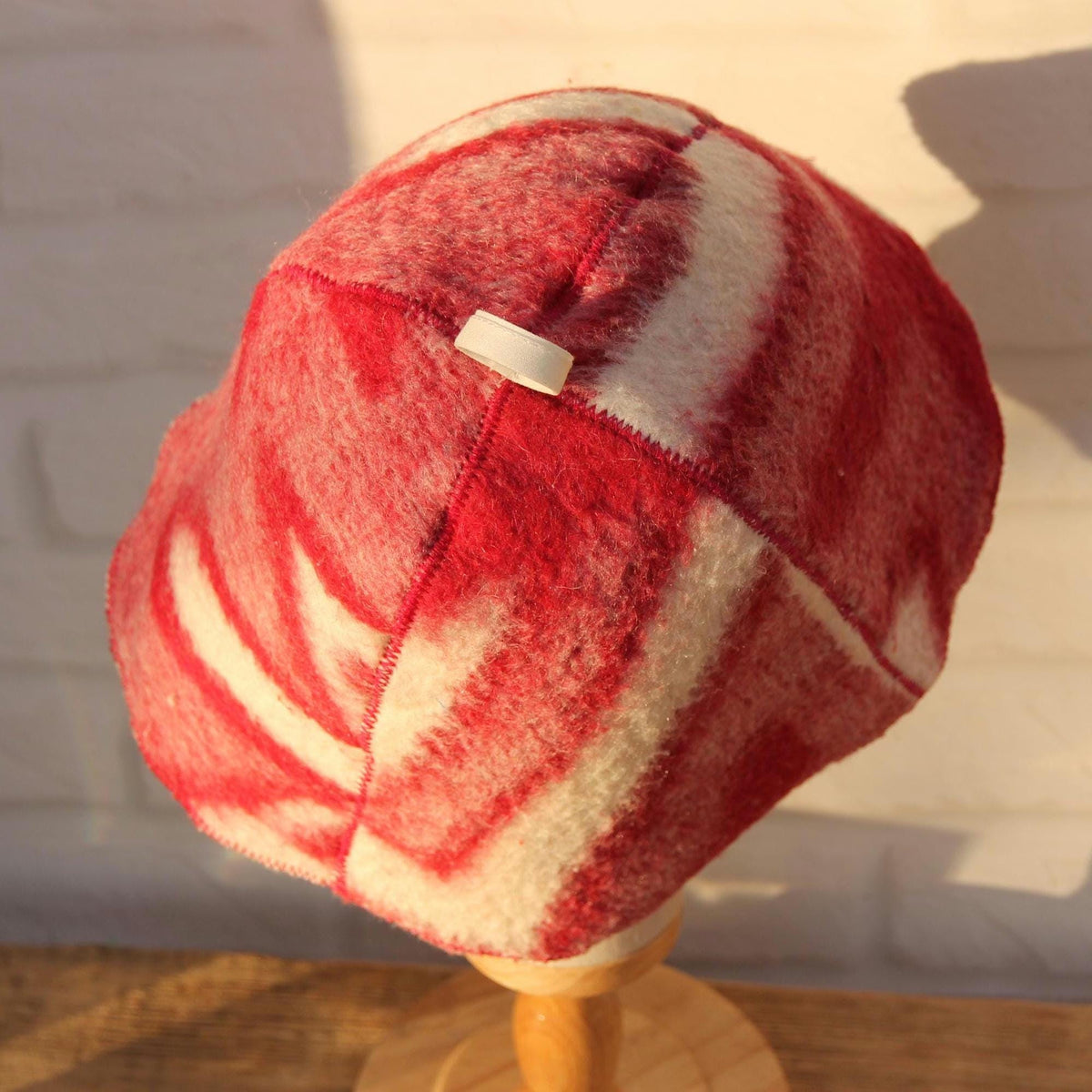 Handcrafted Wool Sauna Hat - Reclaimed Blanket Felt - Red & White Geometric Pattern